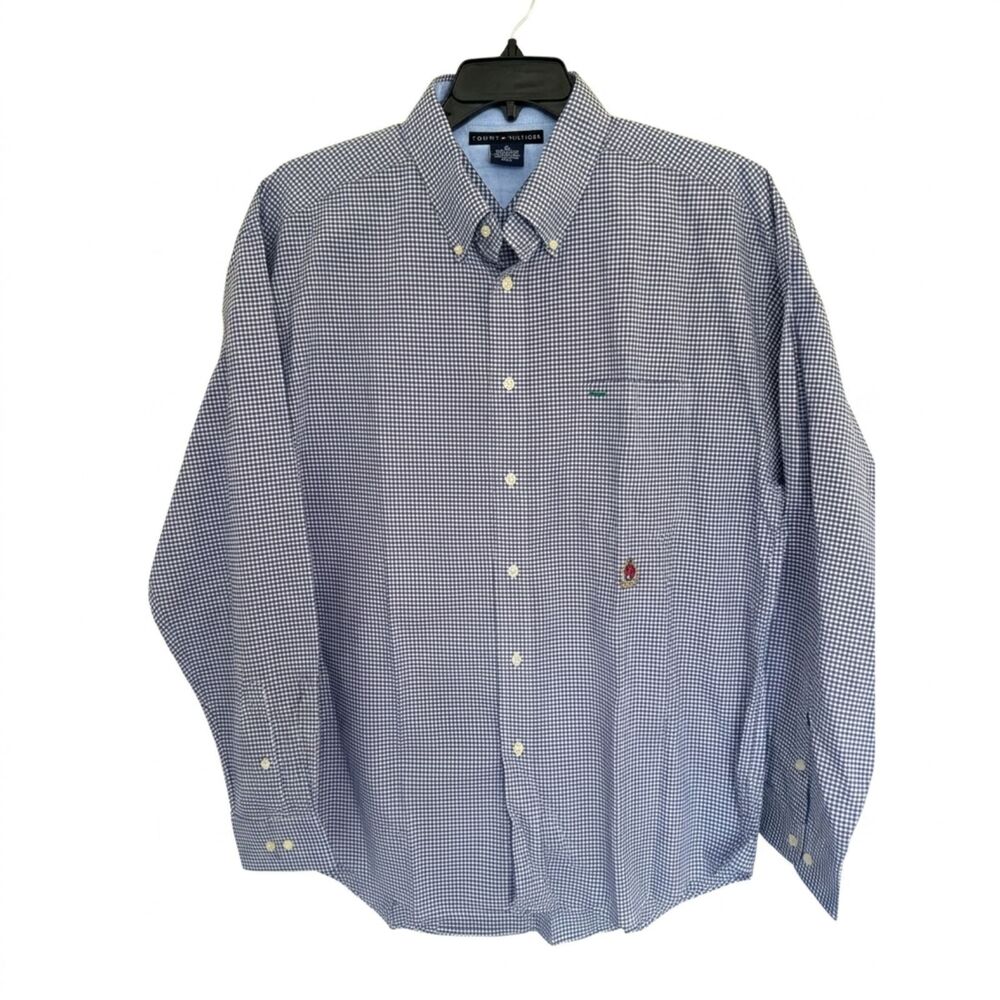 Vintage Tommy Hilfiger Lion Crest Gingham Button Down Shirt XL Blue White